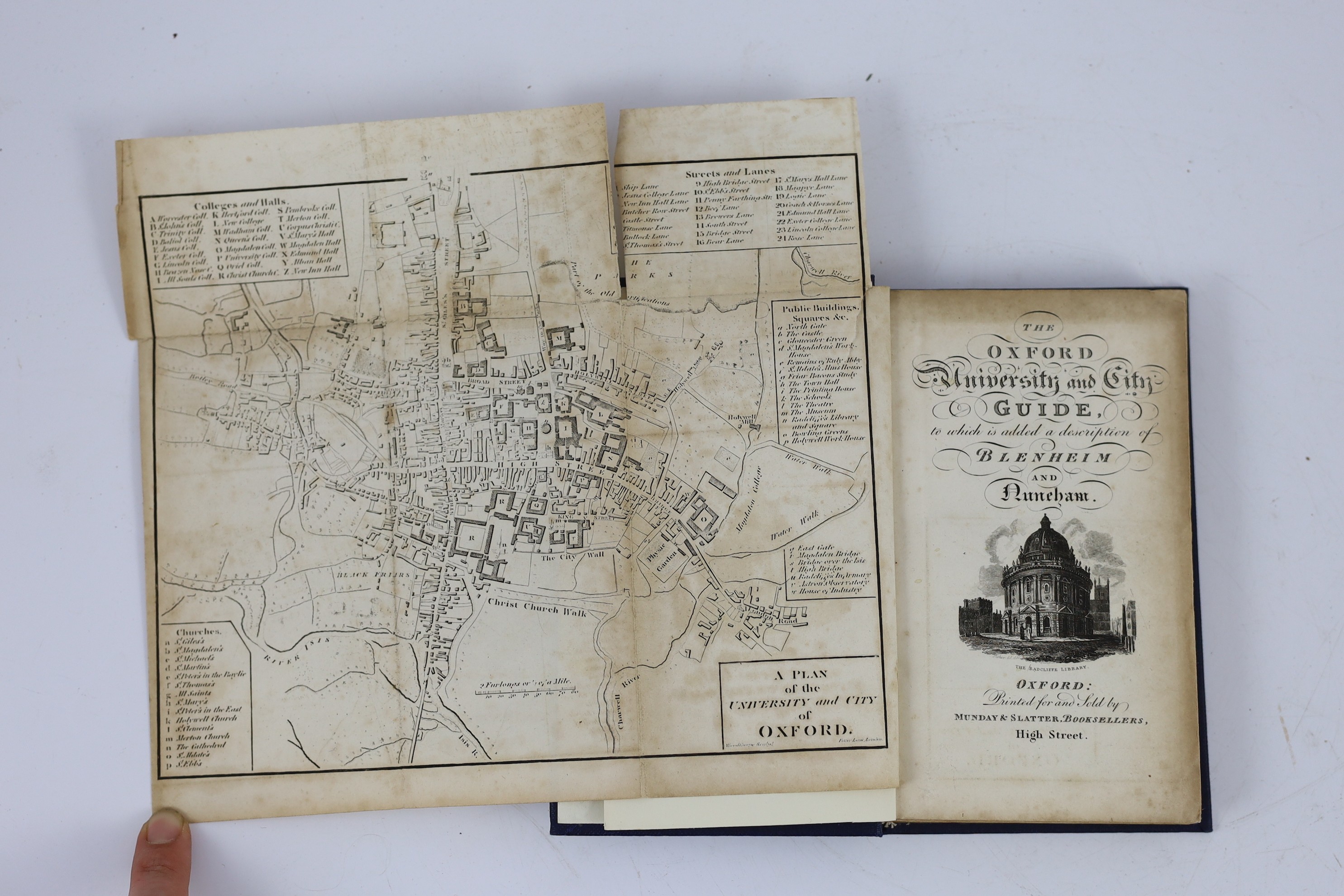 OXON: The Oxford University and City Guide, on a new plan...(and) a Guide to Blenheim, Nuneham, and the newly discovered Roman Villa, near Northleigh. pictorial engraved and printed titles, folded plan and 7 plates; old